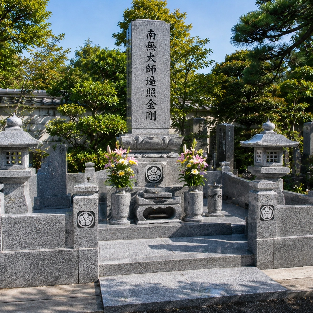 緑に囲まれた石碑型のお墓